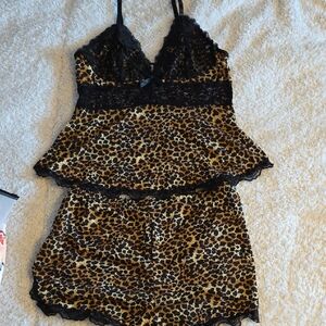 Leopard Print Lace Trim Sleepwear Set